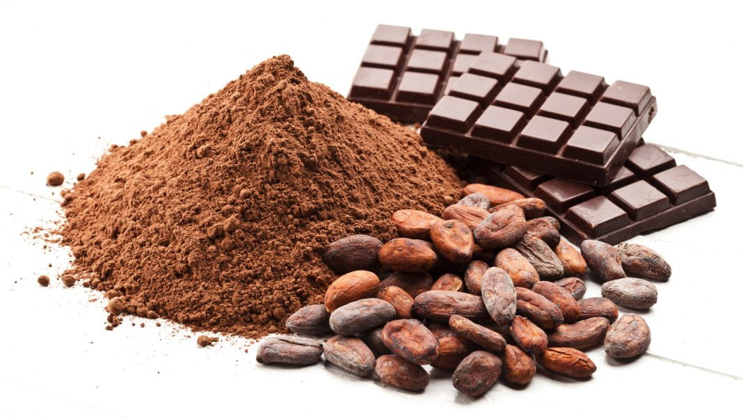 Cocoa in differents presentations, ground cocoa, cocoa beans and candy bar